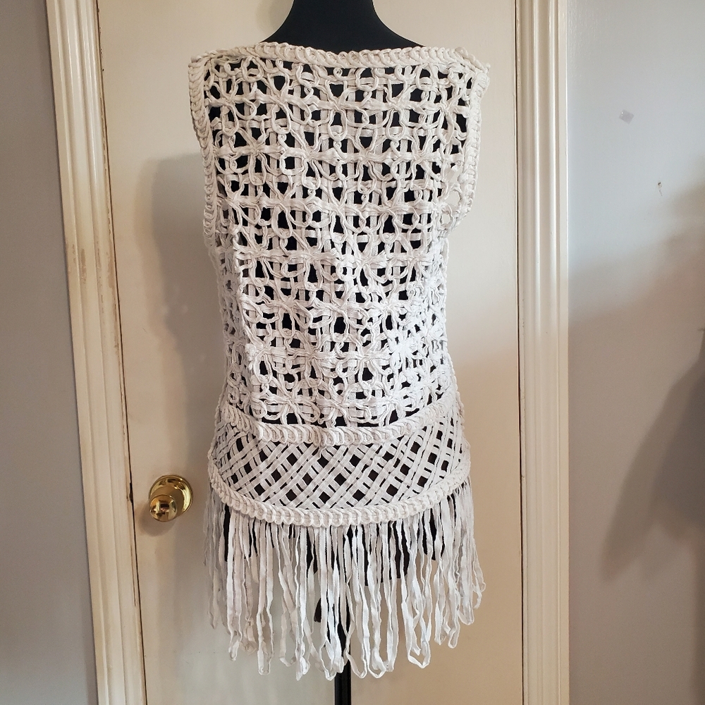 Endless Rose Open Knit Crochet Style Fringe Top Textured Size M/L Festival Boho - Picture 5 of 13